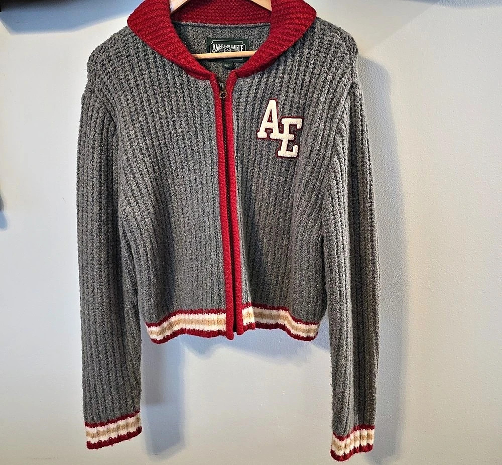 American Eagle Gray Red Varsity Zip-Up Cardigan